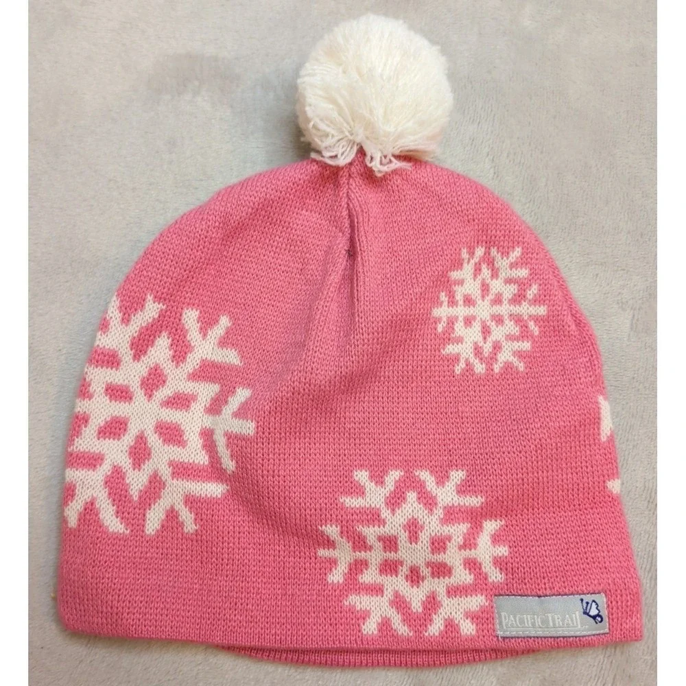 Pacific‎ Trail Pink Snowflake Beanie Pom Hat Kids 7-14 Acrylic Winter